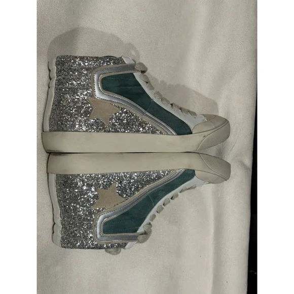 Women's Miracle Miles Sneakers Size 7 Green Silver Glitter High Top - Picture 3 of 8